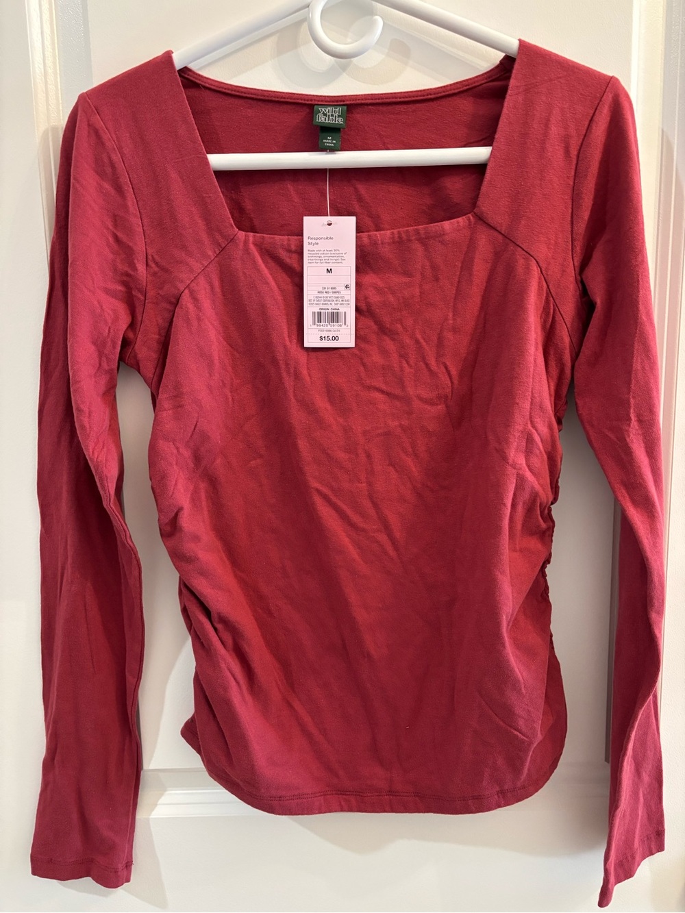 Women’s Rose Red Square Neck Ruched Long Sleeve Top - Wild Fable - M - NWT
